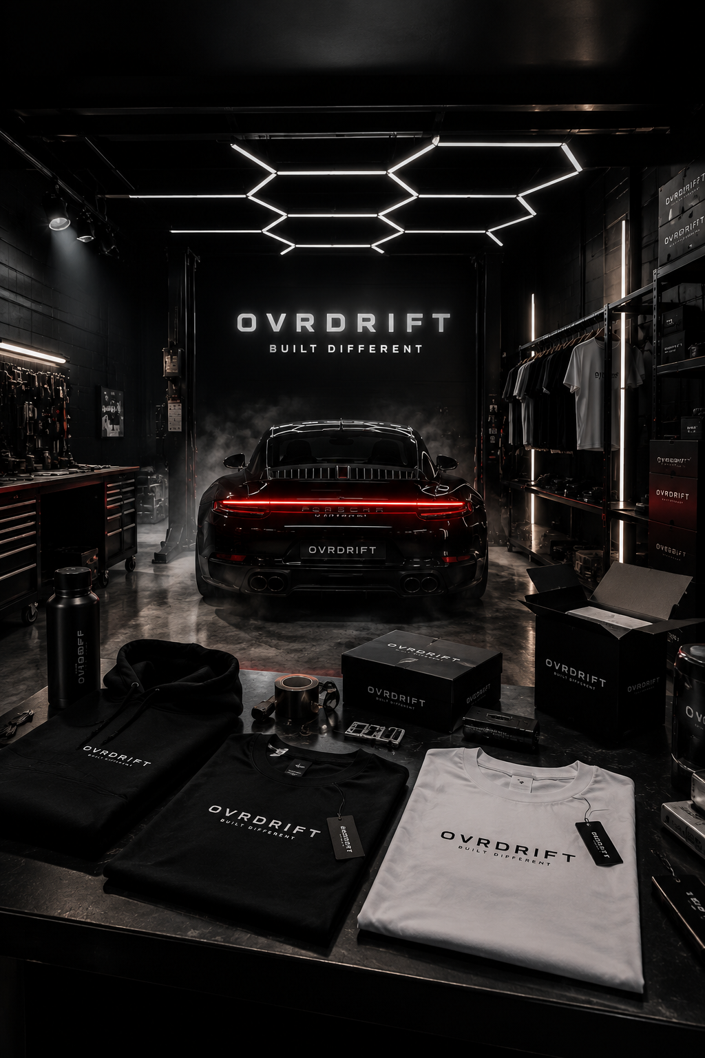 OVRDRIFT Studio — matte black Porsche 911 under hexagon lighting, garment collection in the foreground