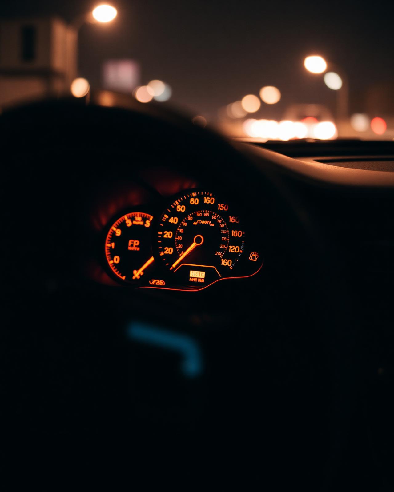 Amber-lit tachometer glowing behind a leather-wrapped wheel